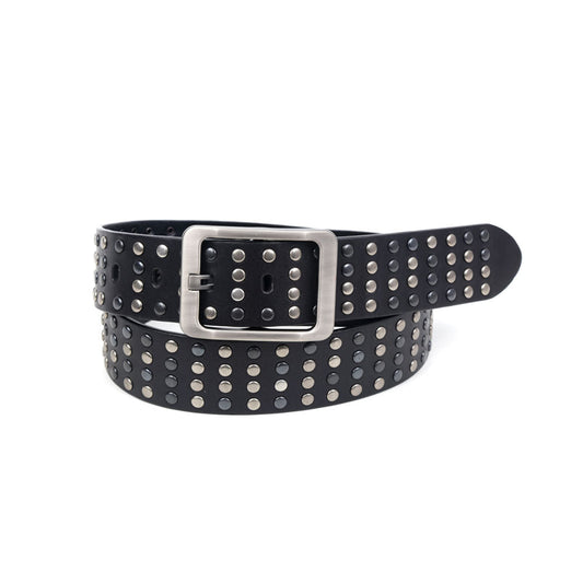 Silver Studded Leather Belt in Black